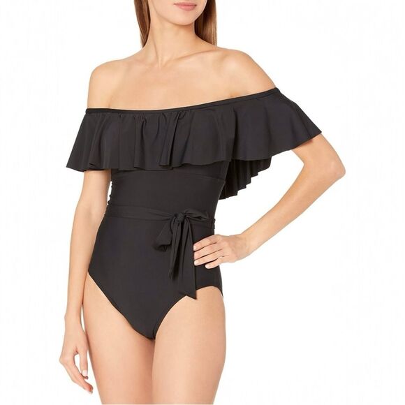 Athena Black Off Shoulder Ruffle Swimsuit One Piece Size 12 Tie Waist New NWOT - Picture 1 of 13